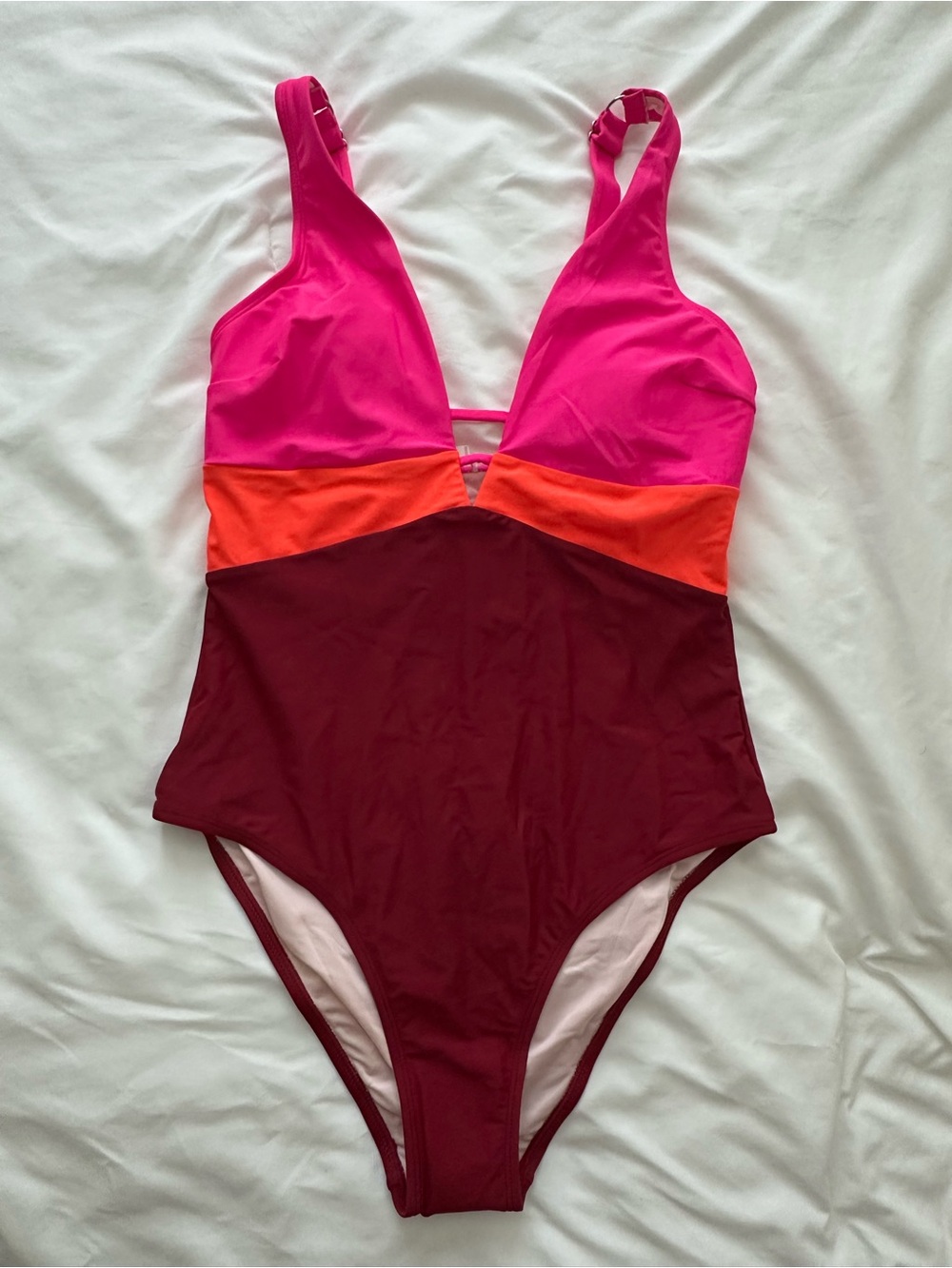Women’s Cupshe Bright Colorblock One-Piece Swimsuit - Pink, Orange & Burgundy